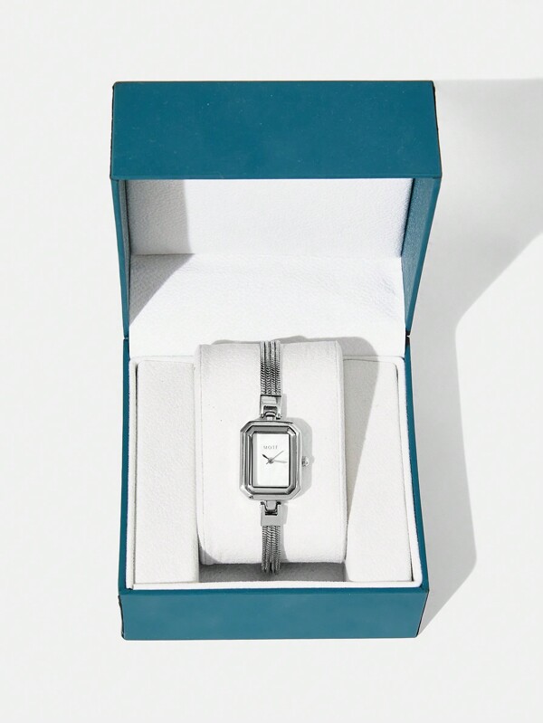 MOTF PREMIUM WOMEN FASHION PEARL FACE SQUARE SHAPE SILVER BRACELET WATCH