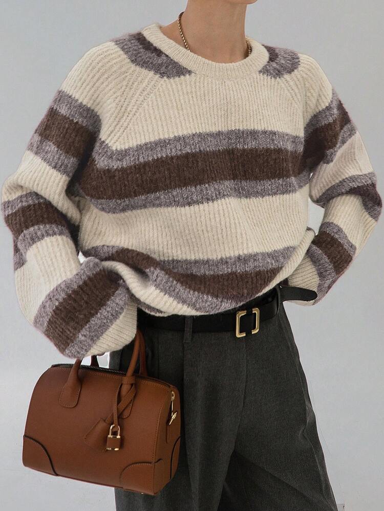 Color Block Striped Loose Casual Knitted Sweater For Women,Fall Clothes