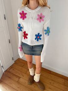 Forever 21 Women Floral Patch Front Button Down Long Sleeve Cardigan - White - View 2