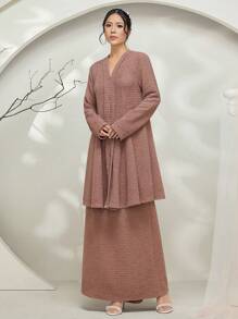 Veilorie Baju Kebaya 2pcs Set: Long Sleeve Long Top + Straight A-Line Midi Skirt Modest