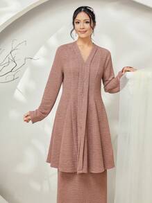 Veilorie Baju Kebaya 2pcs Set: Long Sleeve Long Top + Straight A-Line Midi Skirt Modest