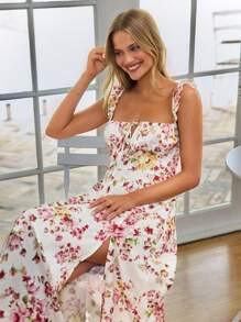 SHEIN VCAY Elegant Lace Up Backless Ruffle Armhole Split Thigh Dress - Multicolor - View 3