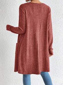 SHEIN Essnce 女士优雅休闲常规针织中长款红色开衫 - 紅色 - 查看 2