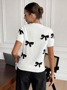 SHEIN Frenchy Áo len dệt kim cổ tròn tay ngắn trang trí nơ cho nữ, mùa thu/đông - Đen và trắng - Xem 2