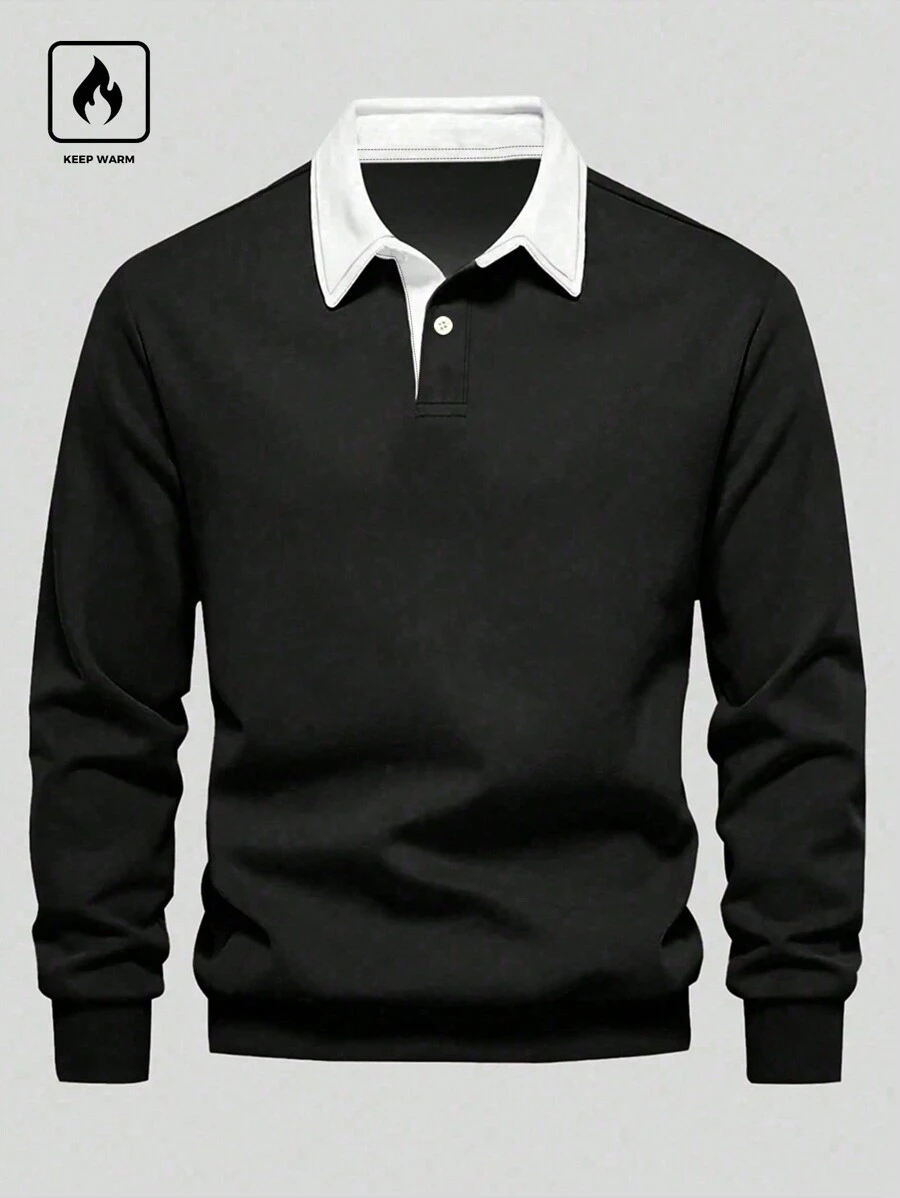 Loose Fit Men's Color Block Polo Collar Long Sleeve Sweatshirt - Multicolor - View 1