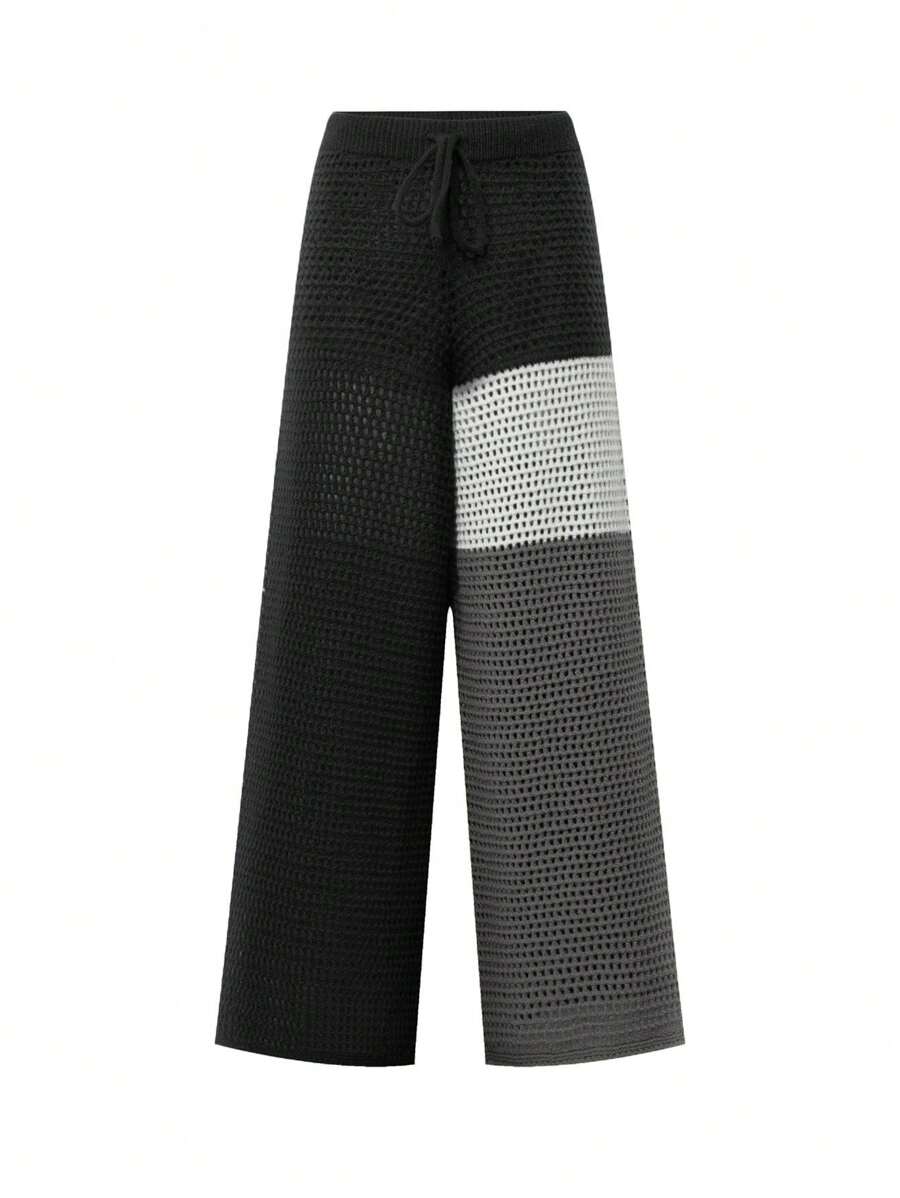 INAWLY Plus Size Loose Fit Casual Wide Leg Contrast Color Pants, Street Style Fall Cloth For Women - Black - View 1