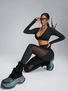 Innovista Women Plain V-Neck Long Sleeve Top With Mesh Contrast Pants, Sports Suit - Black - View 8