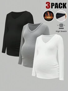 SHEIN 3pcs/Set Solid V-Neck Casual Maternity Long Sleeve T-Shirts - Multicolor - View 1