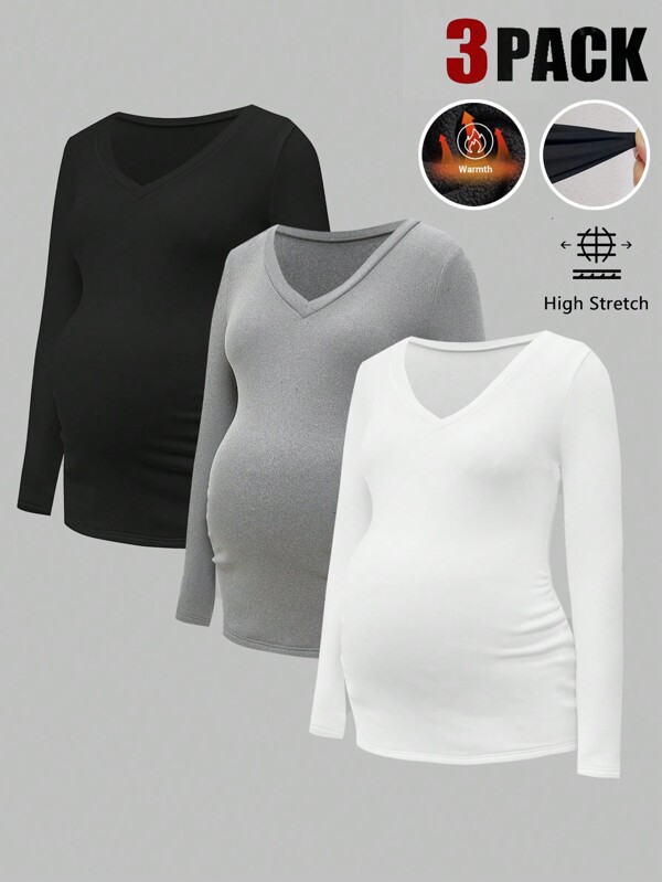 SHEIN 3pcs/Set Solid V-Neck Casual Maternity Long Sleeve T-Shirts