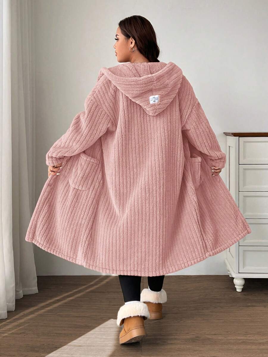 SHEIN EZwear 大尺碼女款可正反穿著抓絨抽繩外套,粉紅色,秋冬休閒連帽鄉村風優雅聖誕新年款 - 粉色 - 查看 1