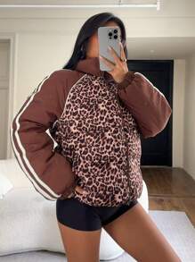 SHEIN EZwear Women's New Leopard Print Winter Jacket, Casual Simple And Fashionable For Daily Wear
