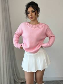 SHEIN Unity Women's Heart Design Lace Patchwork Loose Sweater Knit Pullover Fall Winter - Pink - View 7