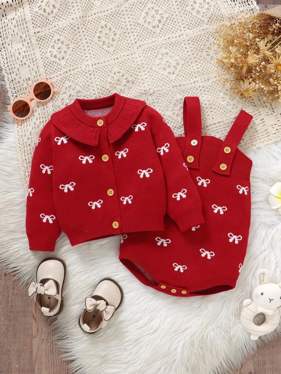 2pcs/Set Baby Girls' White Peter Pan Collar Long Sleeve Jacket, Suspender Romper, Cardigan Jumpsuit Set - Red - View 1