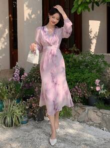 DAZY 女士V领长袖印花休闲连衣裙，日常/休闲穿着，秋季度假装扮 - 紫色 - 查看 8