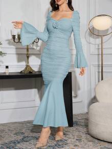 Modelyn 女式长款纹理混合针织紧身鱼尾优雅连衣裙长款晚礼服 - 霧霾藍 - 查看 6
