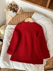 Blossori Young Girls' French Elegant Loose Red Woven Collarless Coat, Autumn/Winter - Red - View 2