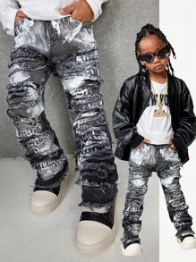 SHEIN Young Boy Fashionable Retro Design Distressed Raw Edge Patchwork High Stretch Slim Fit Black Jeans, Leisure And Versatile For Kids Fall/Winter Outdoor Wear - Grey - View 1