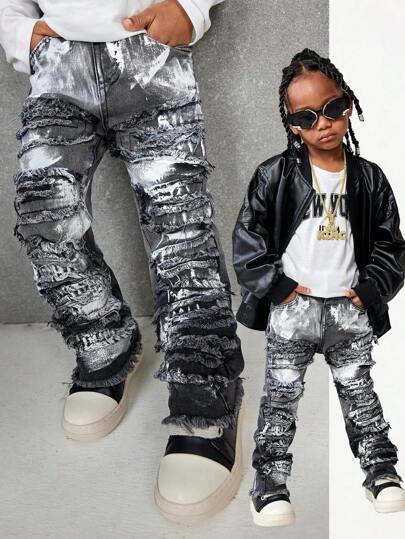 SHEIN 年轻男孩时尚复古设计做旧毛边拼接高弹力修身黑色牛仔裤，休闲百搭，适合儿童秋冬户外服装