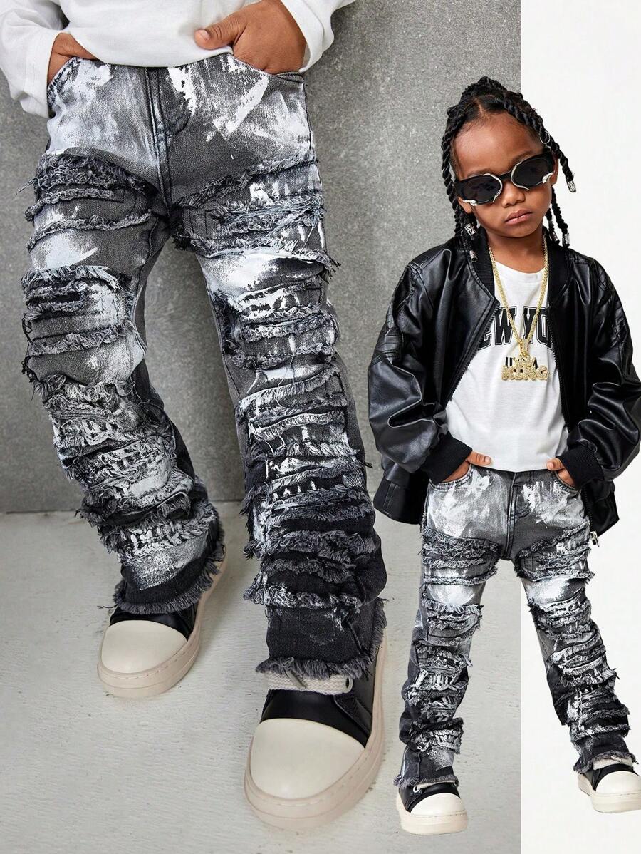 SHEIN Young Boy Fashionable Retro Design Distressed Raw Edge Patchwork High Stretch Slim Fit Black Jeans, Leisure And Versatile For Kids Fall/Winter Outdoor Wear - Grey - View 1
