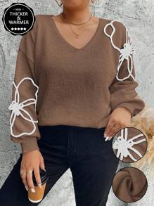 SHEIN Unity Plus Size Women V-Neck Floral Embroidered Relaxed Fit Pullover Sweater For Autumn And Winter Knit Pullover Fall - Brown - View 1