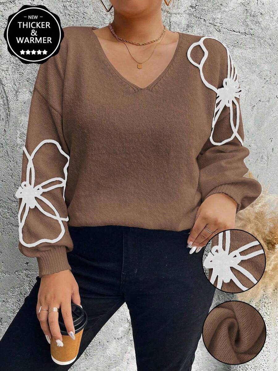 SHEIN Unity Plus Size Women V-Neck Floral Embroidered Relaxed Fit Pullover Sweater For Autumn And Winter Knit Pullover Fall - Brown - View 1