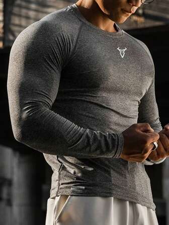 Manfinity Sport PWRUP Men's Bull Print Crew Neck Raglan Sleeve Sports T-Shirt Workout Tops Gym Top Fall Compression Shirt Breathable Fitted Shirt Fall Crew Neck