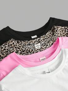 4pcs/Set Tween Girl Casual Round Neck Raglan Sleeve Leopard Print Fitted T-Shirt & Solid Color Knitted T-Shirt, Suitable For Spring & Summer, School, Campus, College - Multicolor - View 8