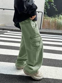 SHEIN 年轻男孩街头酷炫卡其色工装口袋宽松牛仔裤，休闲百搭，适合年轻男孩秋装 - 軍綠色 - 查看 5