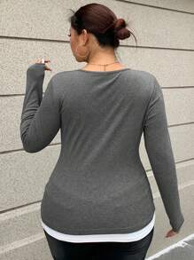 Dazy Petite Plus V-Neck Color Block Fitted Long Sleeve T-Shirt, Grey, Spring/Summer/Autumn