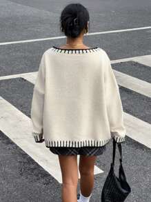 SHEIN Essnce Suéter de mujer de felpa con bordado de concha, cuello de barco, ropa de invierno, suéter de punto para damas