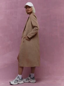 MISSGUIDED Abrigo largo de doble botonadura, manga larga, de estilo lana, para uso en la oficina - Marrón - Ver 5