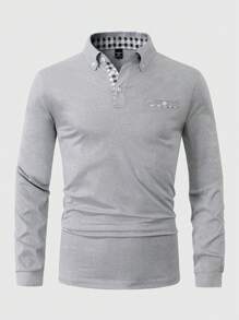 Manfinity Homme Men's Plus Size Solid Color Splicing Front Button Casual Long Sleeve Polo Shirt