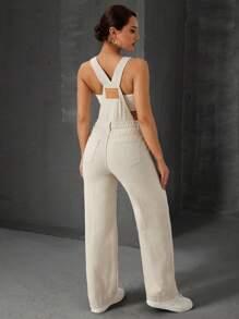 SHEIN ICON 女式简约休闲宽肩带纽扣连体裤 - 卡其色 - 查看 2