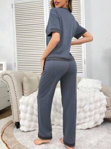 Contrast Color Patchwork Button-Up Round Neck Short Sleeve Casual Jacquard Women Loungewear Set