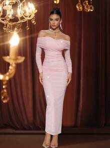 性感闪亮褶饰露肩修身长袖派对礼服、婚礼宾客礼服、正式礼服、晚礼服、长袍 - 粉色 - 查看 1