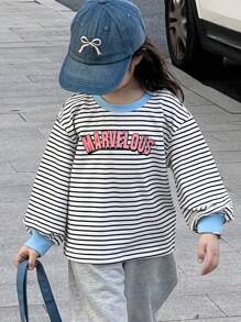 DAZY Young Girls' Round Neck Striped Long Sleeve Casual Sweatshirt, Minimalist & Stylish For Everyday Wear - Multicolor - View 1