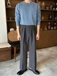 DAZY 男士纯色圆领长袖休闲毛衣，适合秋冬季 - 藍色 - 查看 5