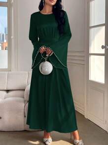 Al Najma 女士优雅纯色喇叭袖长裙，春/夏，朴素优雅的 A 字型阿拉伯连衣裙，适合晚会/婚礼嘉宾/周年纪念/日常穿着 - 軍綠色 - 查看 4