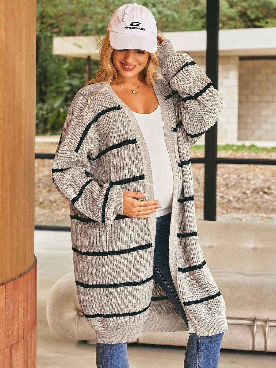 SHEIN Pregnant Women Striped Knitted Cardigan, Casual For Everyday Wear - Brown - View 1