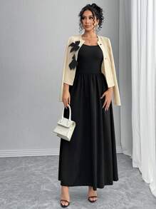 Rafferiza 法式优雅修身长袖上衣搭配蝴蝶结装饰和高腰荷叶边裙 2 件套连衣裙，女士秋冬装 - 黑色 - 查看 6