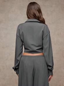 SHEIN BAE Women's Fall And Winter Gray Solid Color Ultra Short Buttons Decorated Twist Sexy V-Neck Women's Shirts Fall Women's Business Casual Blouses Fall Women's Christmas Clothing/Office Siren Dress/Formal Shirt/Long Sleeve Shirt