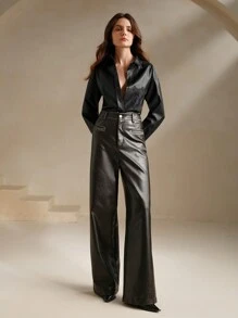 Anewsta 女士纯色正面纽扣长袖简约休闲衬衫女士衬衫 - 黑色 - 查看 1