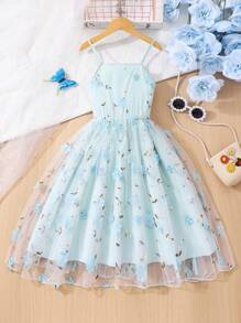 Tween Girls Spaghetti Strap Mesh Contrast Simple Casual Dress - Teal Blue - View 2