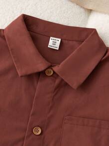 SHEIN Tween Boy Plain Front Button Long Sleeve Pocket Simple Casual Jacket - Brown - View 4