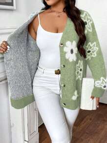 Calvaya Bluzka swobodna z długim rękawem i kwiatowym nadrukiem w dużym rozmiarze i zapięciem na guziki z przodu