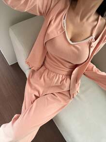 DAZY 3pcs Sleepwear Set: Ruffle Trim Cardigan, Camisole And Pajama Pants - Pink - View 6