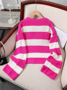 SHEIN Teenager Mädchen Street Cool Herbst/Winter Strickpullover, Mode Neu Flach, Fuchsia und Weiß Kontrastfarbe zeigt Charme, Street Cool Vibe kurz, locker sitzend, bequem, lässiges zerfranstes Persönlichkeit Rundhals Strickpullover kann mit Jeans und Röcken kombiniert werden, Weiche Stoffe schmeicheln der Haut der Mädchen. Geeignet für verschiedene Anlässe wie Zuhause, Reisen, Einkaufen, Treffen, Ausgehen mit Freunden, Partys, Präsentation des ICON-Charmes