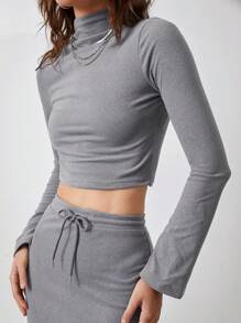 SHEIN EZwear Spring And Autumn Grey Mock Neck Long Sleeves Crop Tee & Drawstring Waist Long Skirt Slim Fit Suit - Grey - View 6