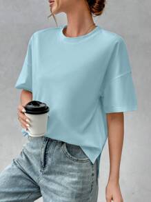 SHEIN Essnce Women's Solid Color Crew Neck Short Sleeve Simple Casual Top, Daily Wear - Blue - View 4
