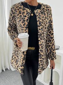SHEIN Clasi 1 pieza Chaqueta larga de manga larga con apertura frontal y estampado de leopardo con peluche, para otoño/invierno